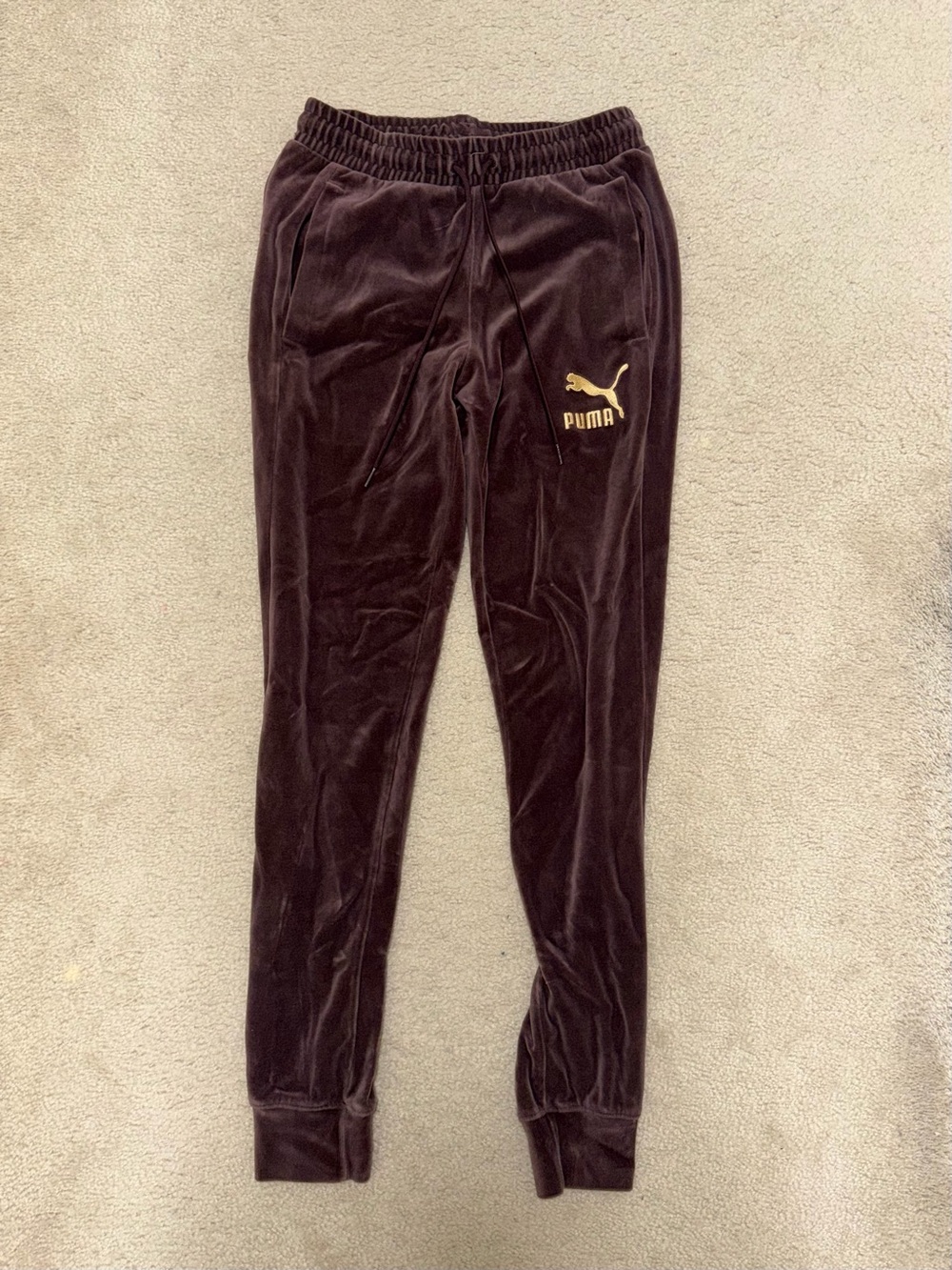 Puma Women’s Velour Joggers in Brown with Gold Logo
